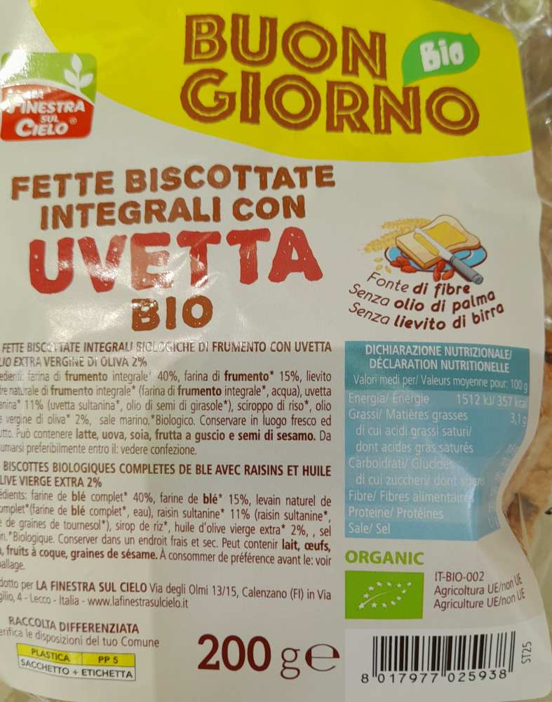 Fette biscottate integrali con uvetta bio 200 g